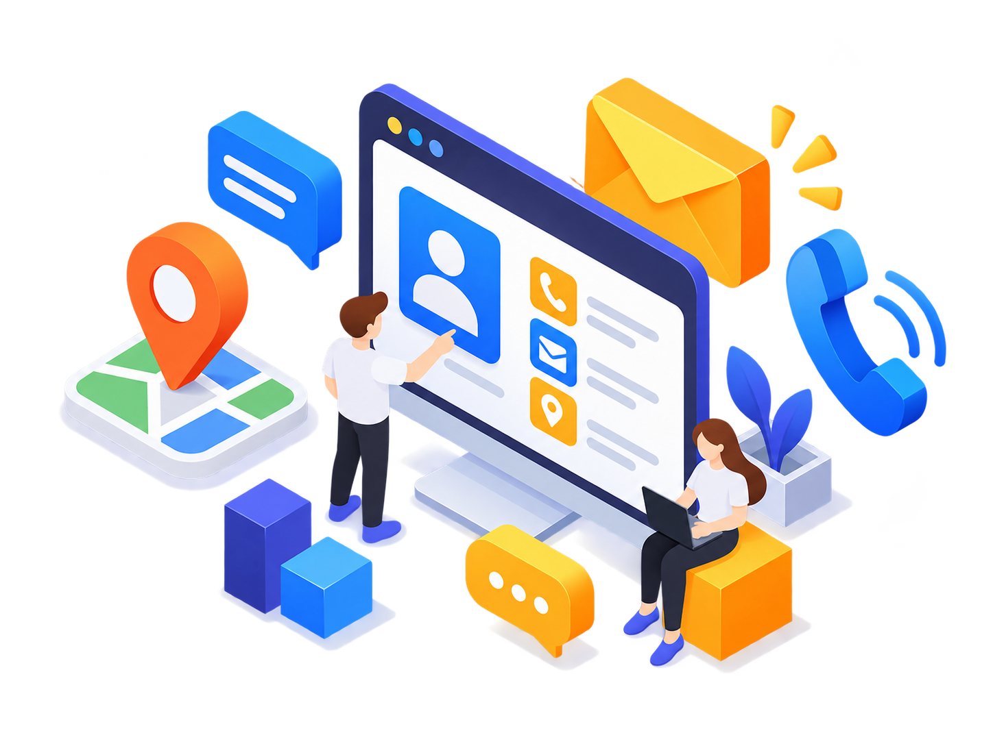 Isometric illustration representing contact, messaging and project enquiries