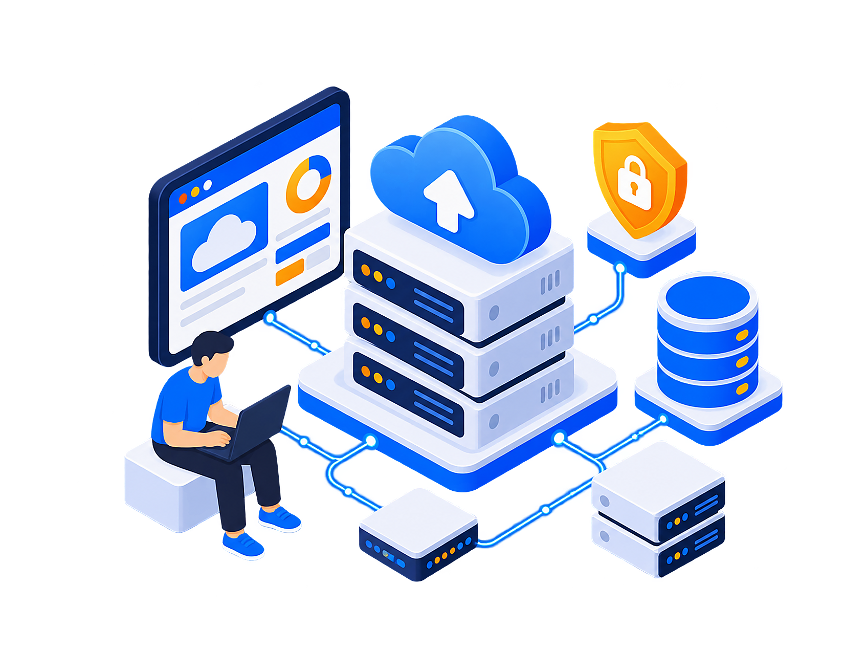 Isometric illustration representing connected digital infrastructure across industries
