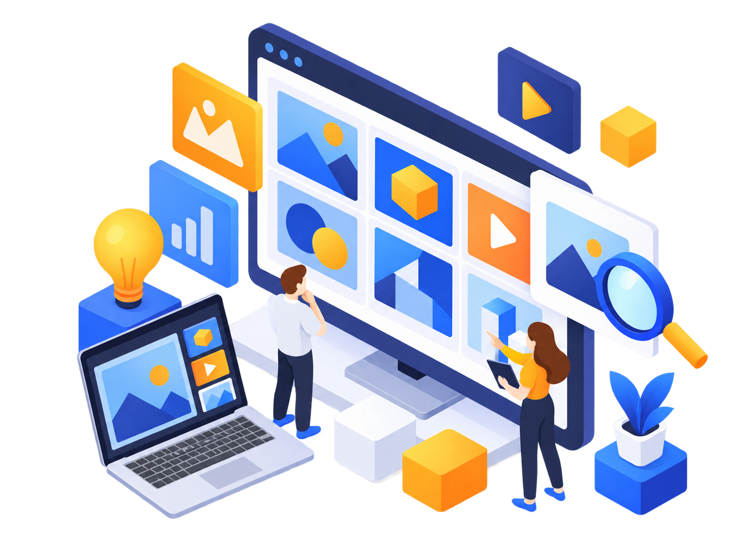 Isometric illustration representing a portfolio of digital work and creative projects