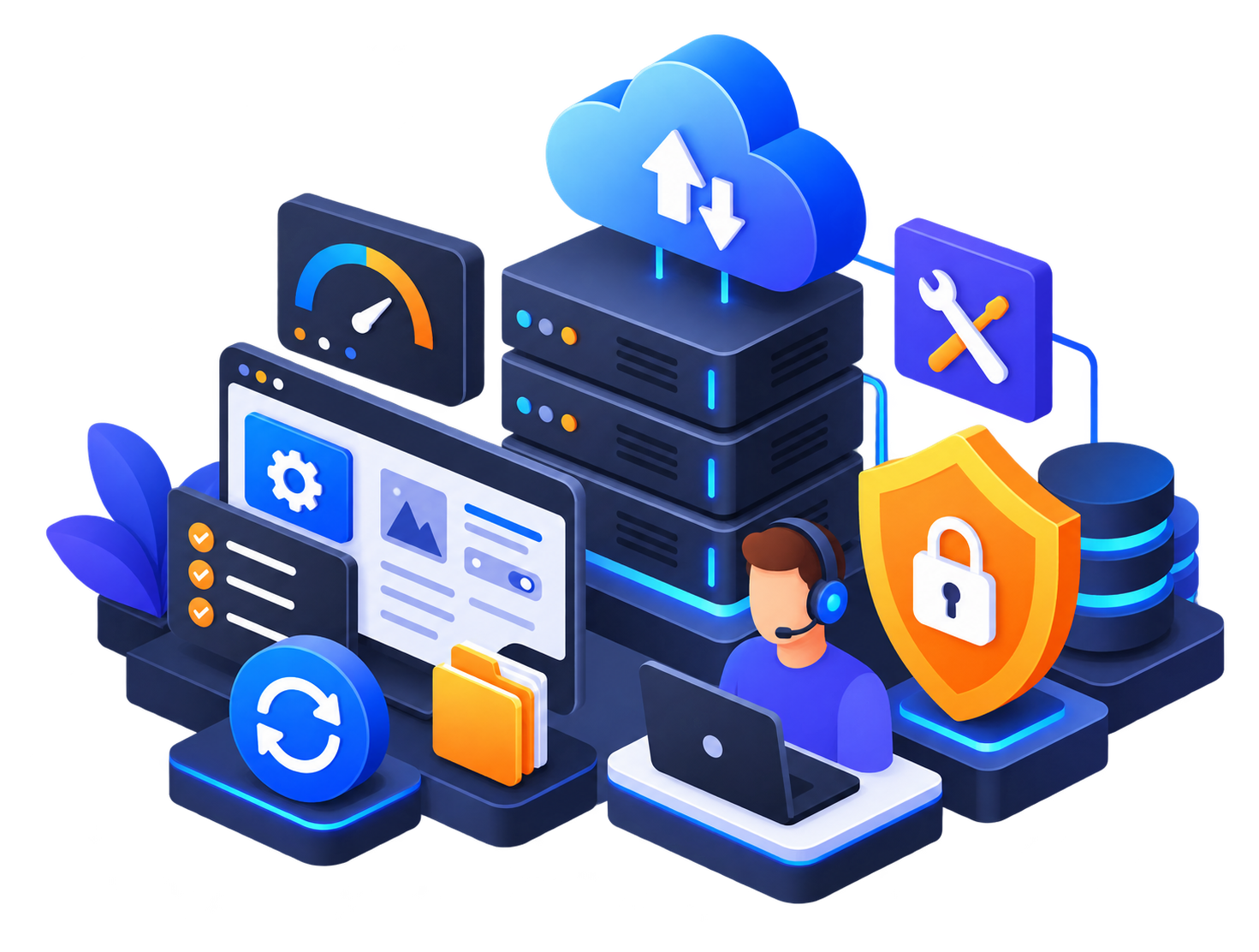 Cloud hosting, servers, backups and website security illustration