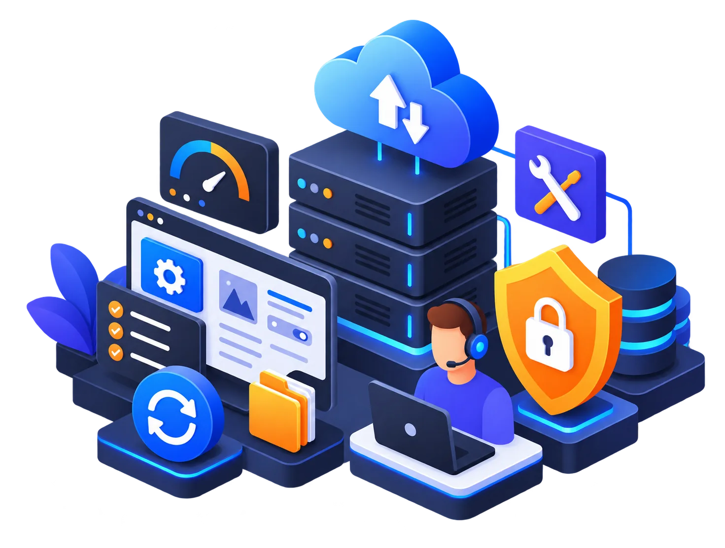 Cloud hosting, servers, backups and website security illustration