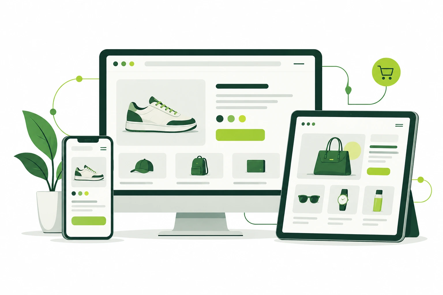 Editorial illustration of coordinated website and mobile interfaces