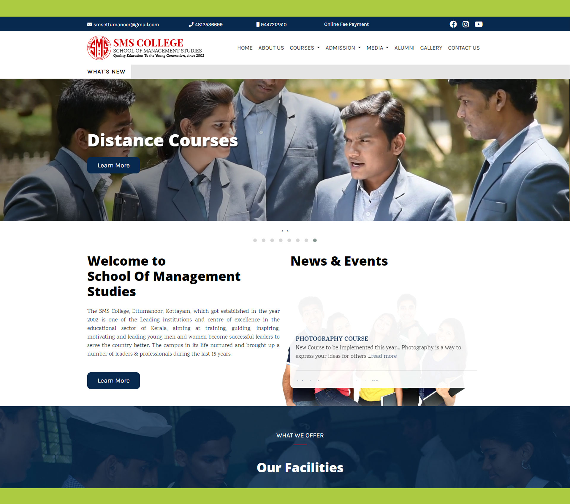 SMS College Ettumanoor website screenshot from Maxcast archive