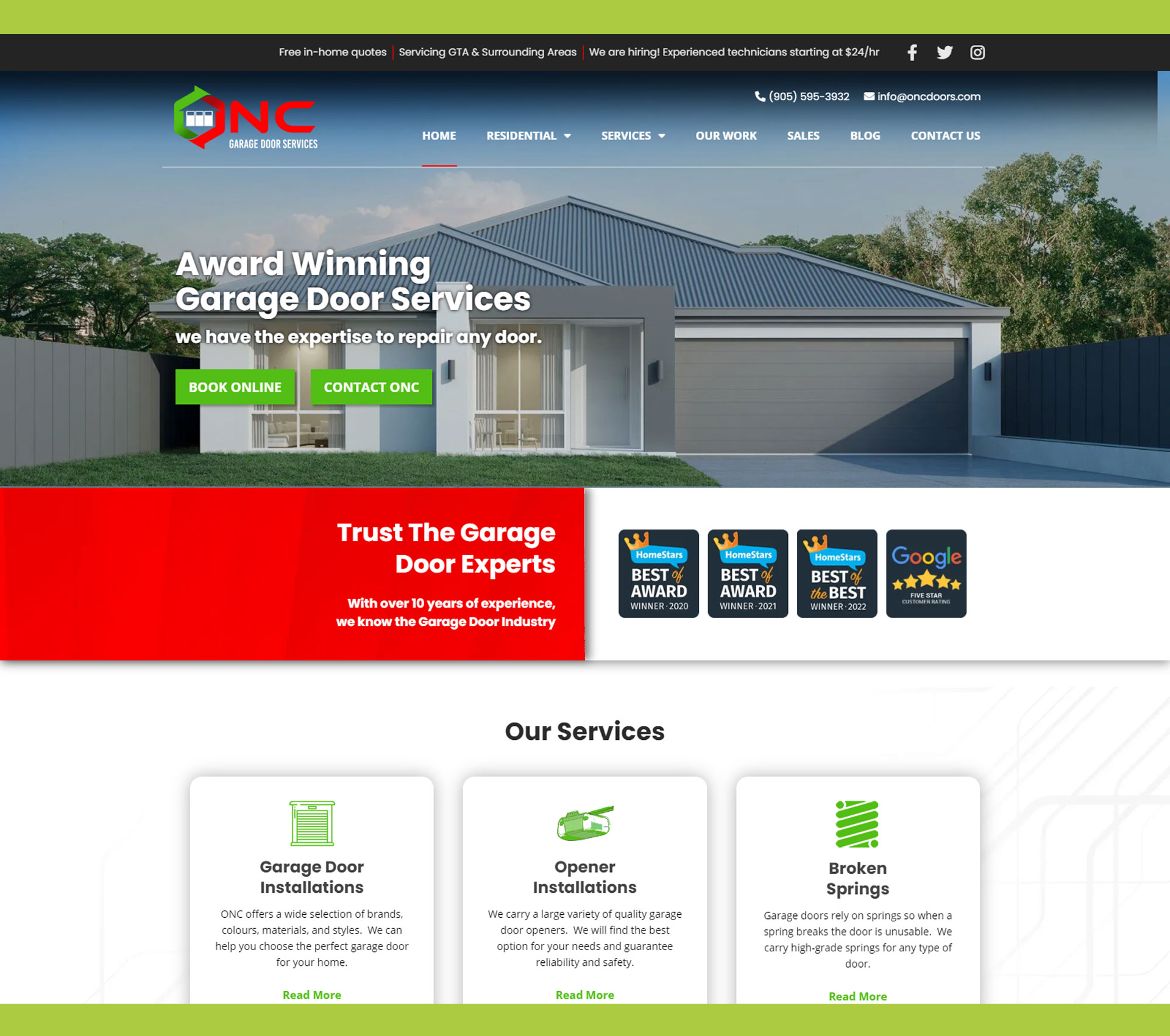 ONC Garage Door Services website screenshot from Maxcast archive